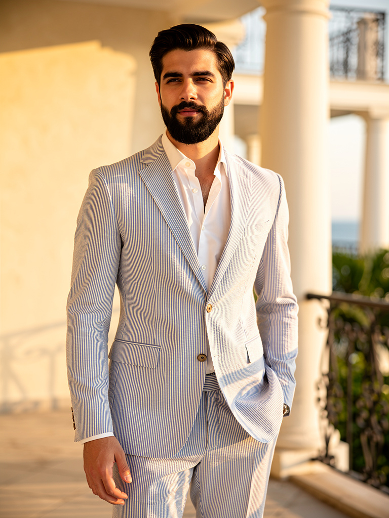 SS27 · Seersucker Suit Jacket · Blue Pinstripe