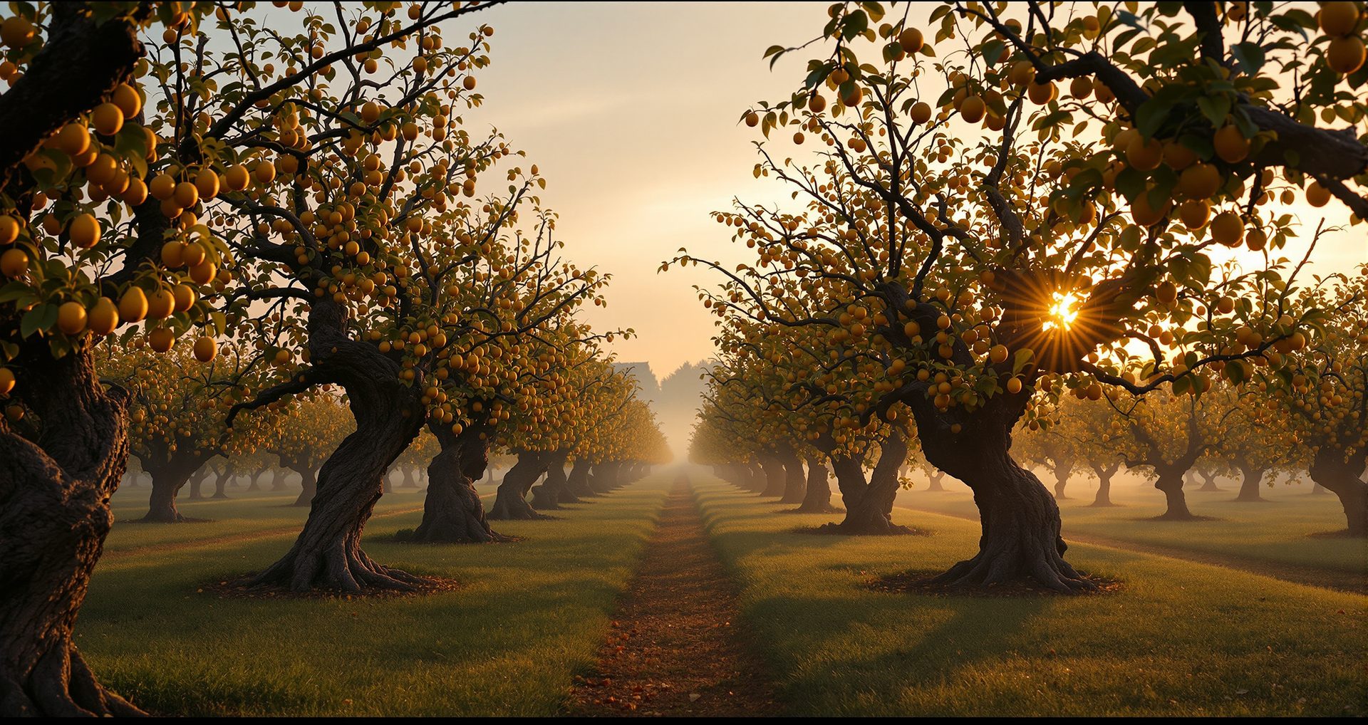 Old mirabelle orchard at dawn, fruit heavy on the branches