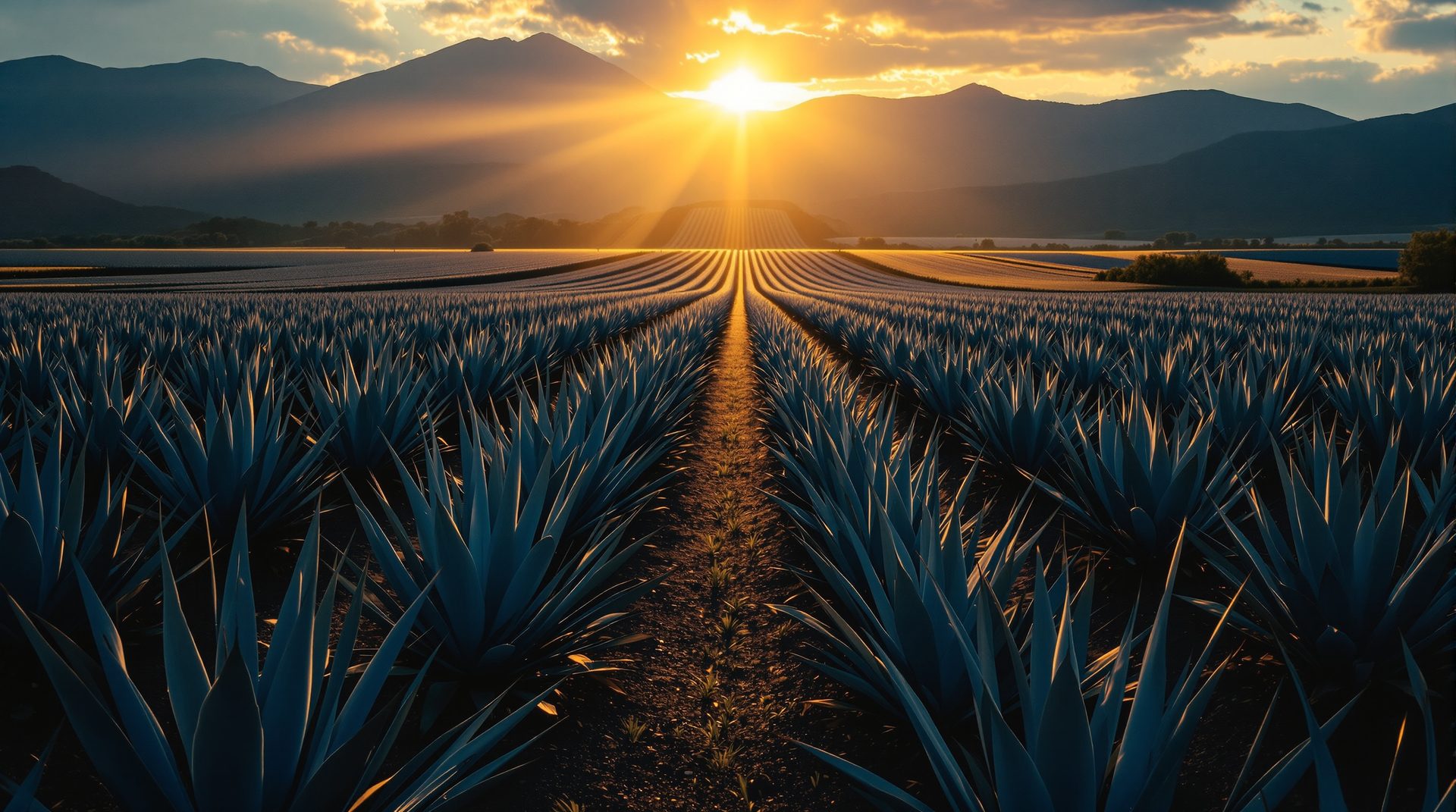 Blue agave rows in the Jalisco highlands at dusk