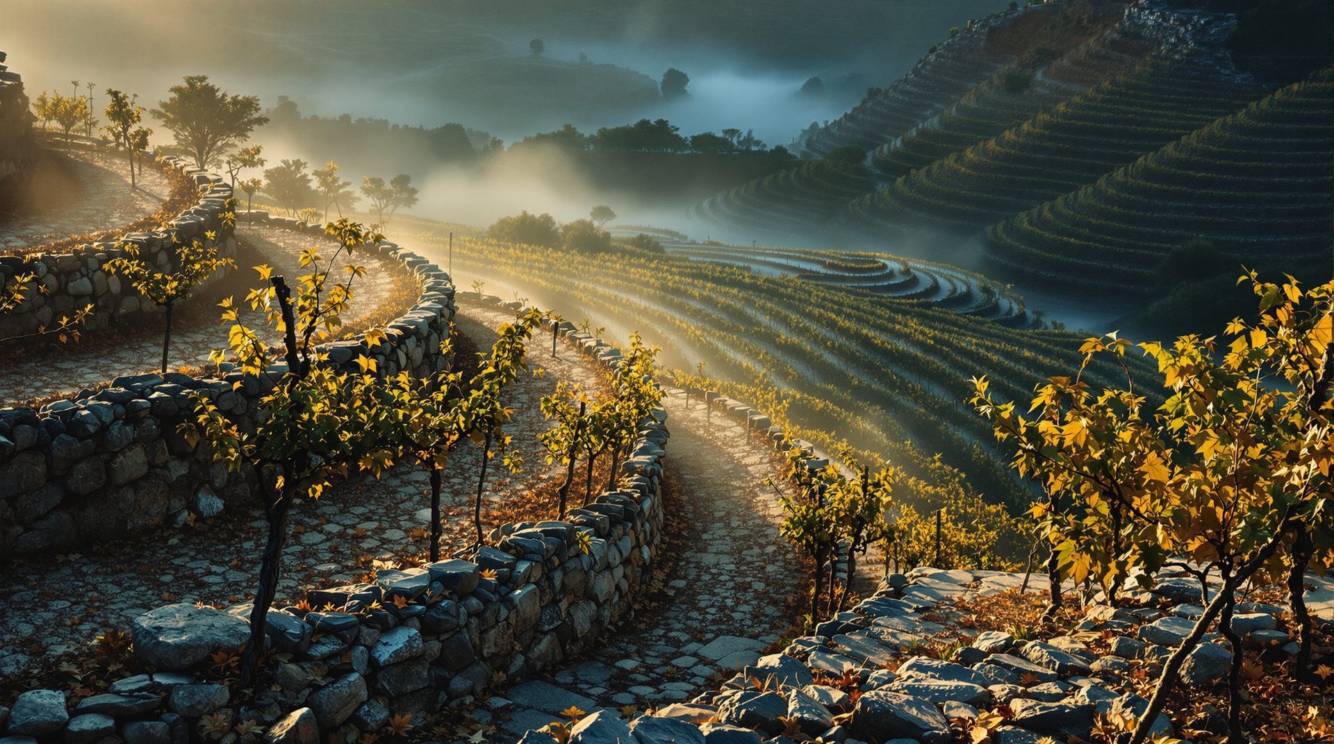 Terraced highland vineyard in morning mist