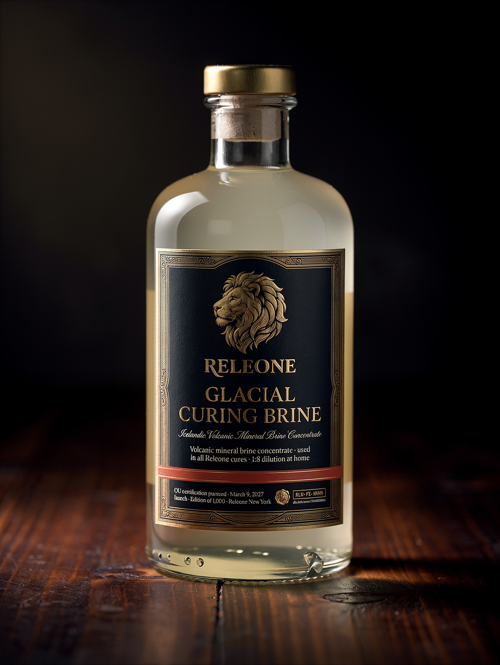 Glacial Curing Brine — clear glass apothecary bottle, cork-stoppered