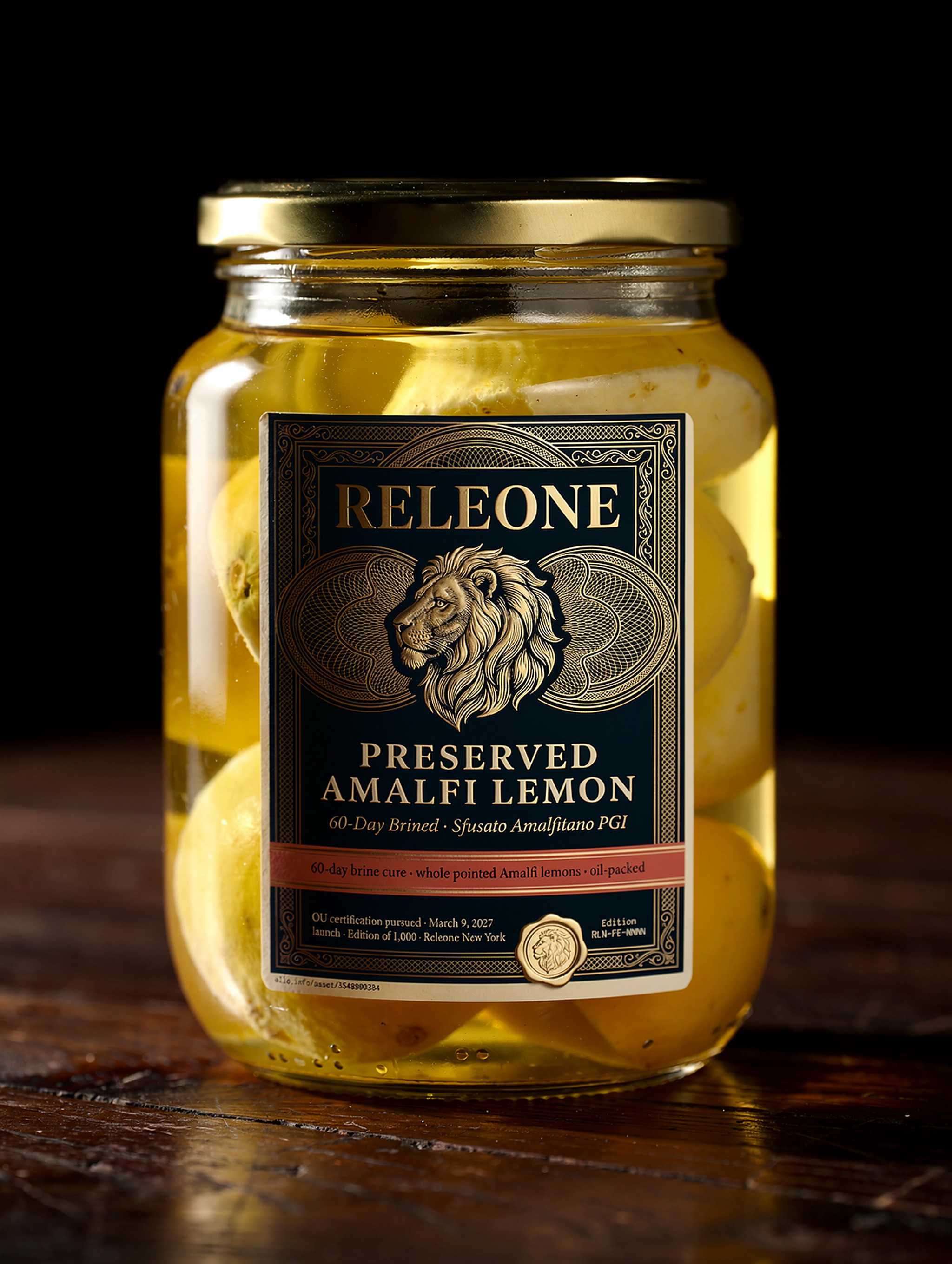 Preserved Amalfi Lemon — whole brine-cured lemons in a clear flint glass jar