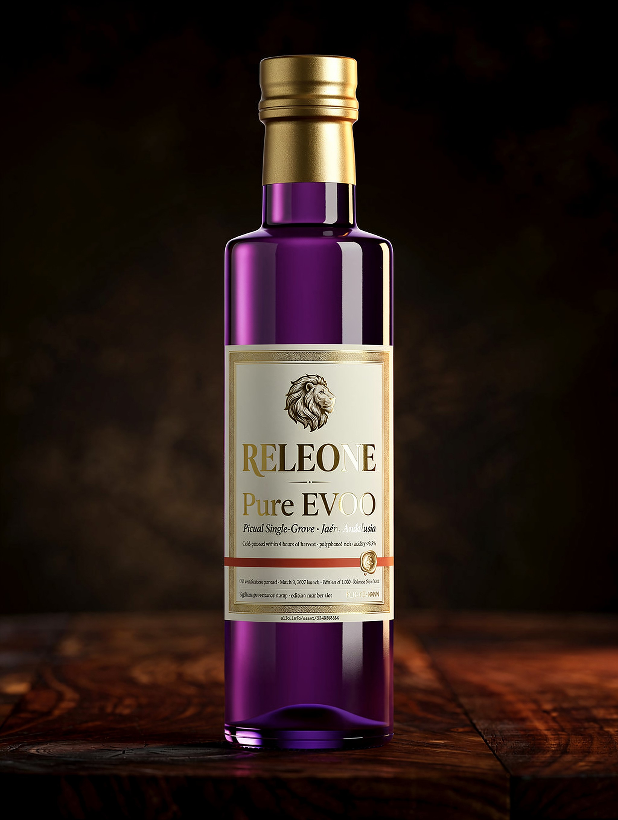 Pure EVOO — Miron violet-glass bottle with gold capsule