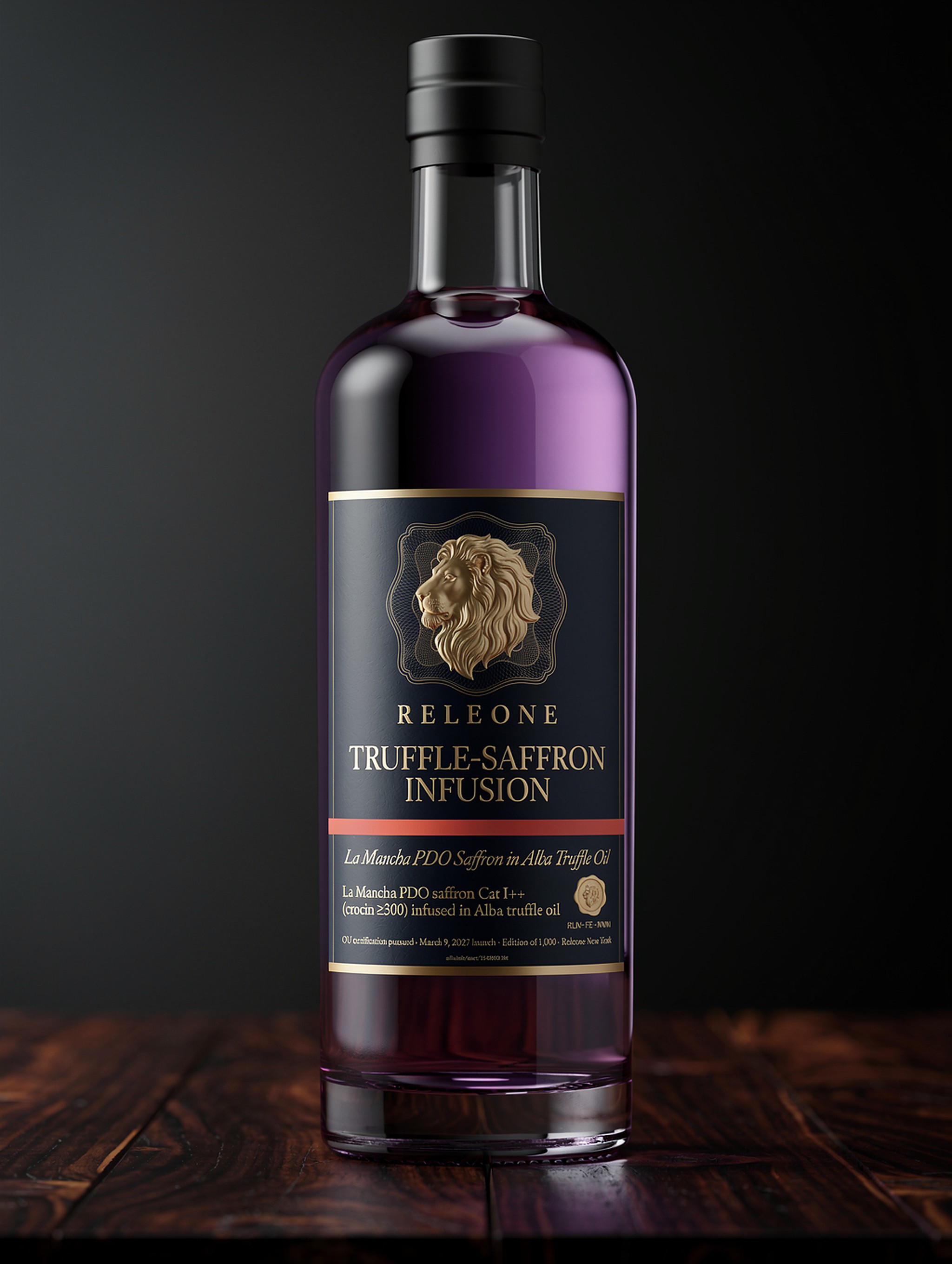 Truffle–Saffron Infusion — violet-glass bottle